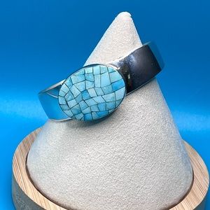 Sleeping Beauty Turquoise Mosaic Oval Setting in Sterling Silver Cuff